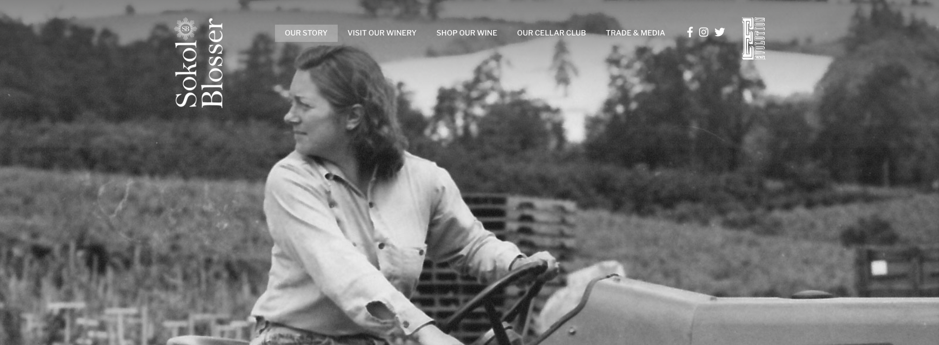 Susan Sokol Blosser on a tractor, a header image from the Sokol Blosser site